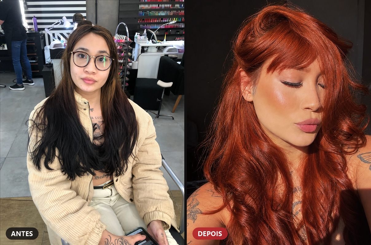 Antes: cabelo escuro com mechas. Depois: ruivo vermelho com franja